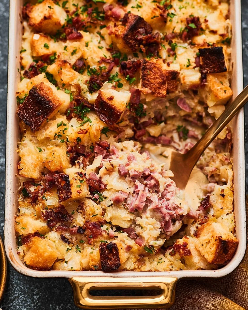 Reuben Bake Casserole dish ready to serve, featuring layers of corned beef and sauerkraut.