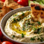Roasted garlic white bean dip served with fresh vegetables and pita chips