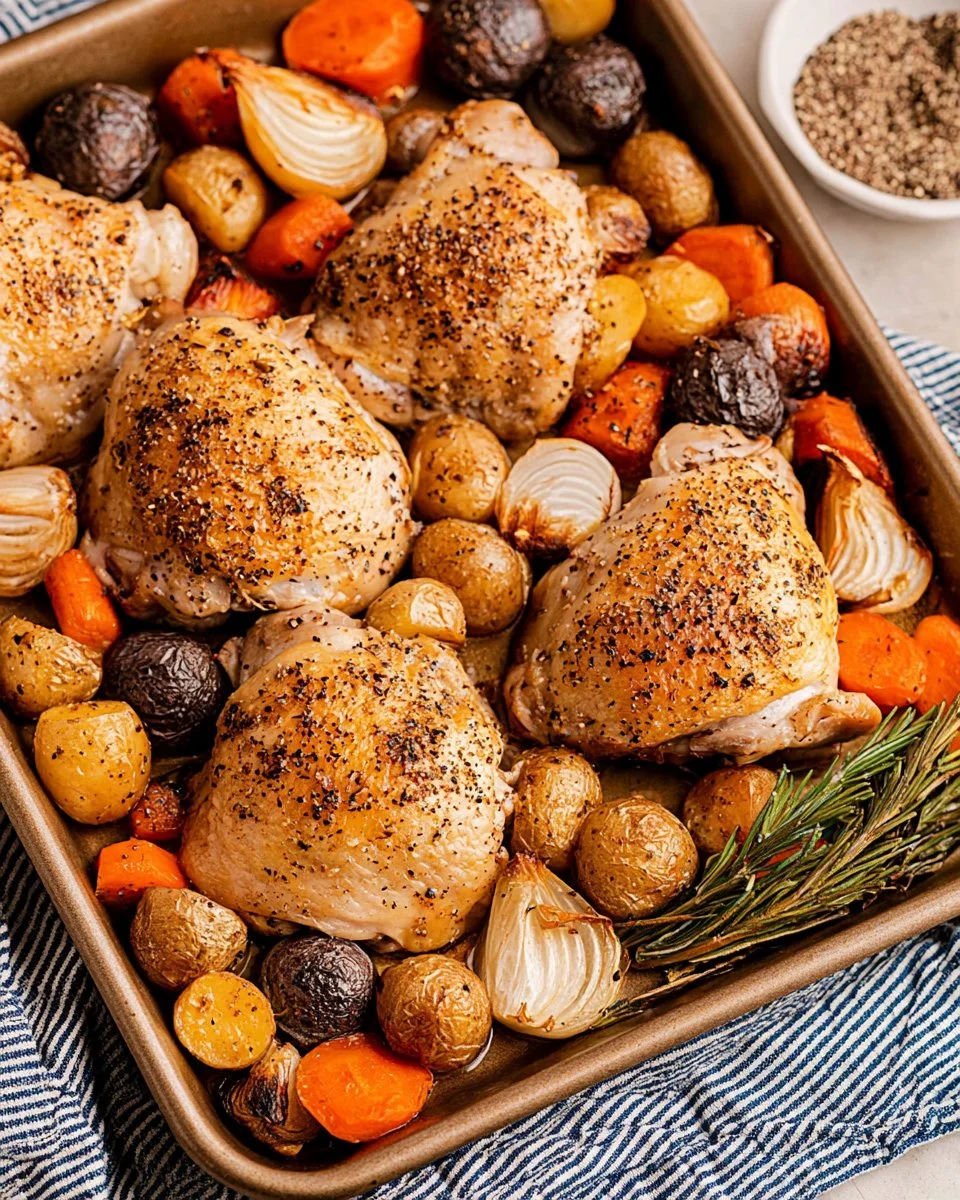 Delicious roasted chicken thighs cooked on a sheet pan with vegetables