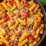 Sausage Rigatoni Pasta Skillet with fresh herbs and cheese
