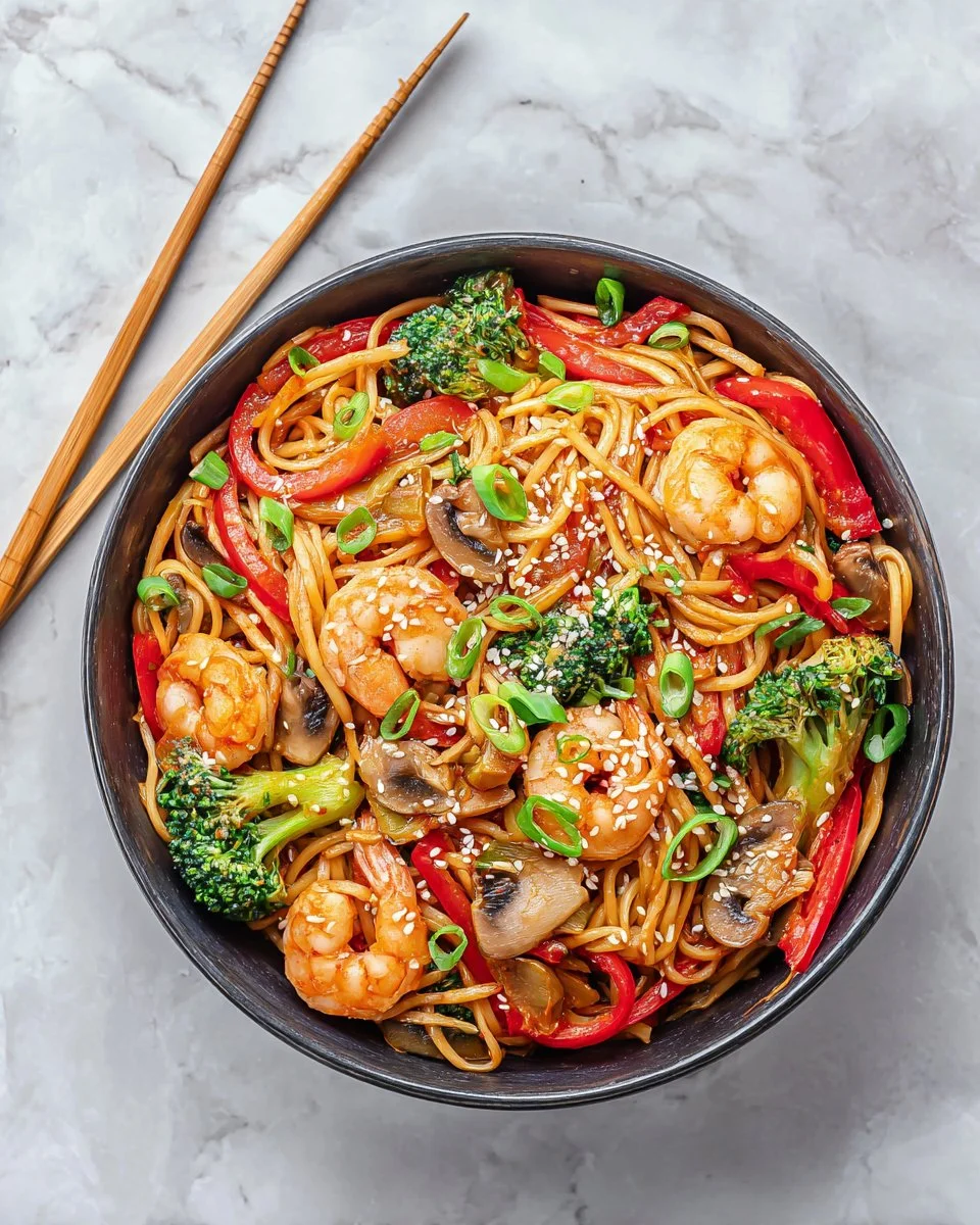 A plate of flavorful Shrimp Lo Mein noodles with vegetables and shrimp