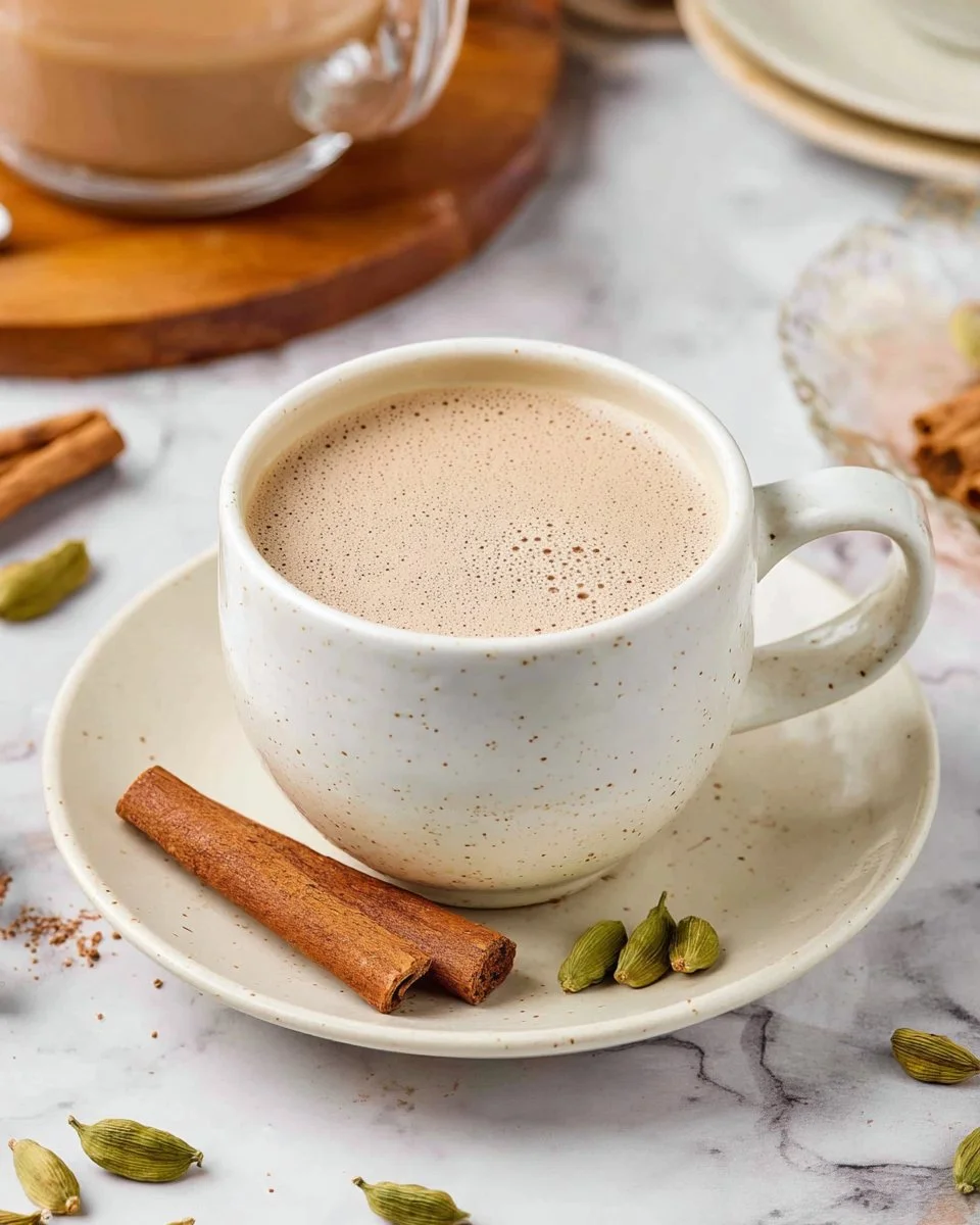 A steaming cup of spiced chai with aromatic spices and herbs.