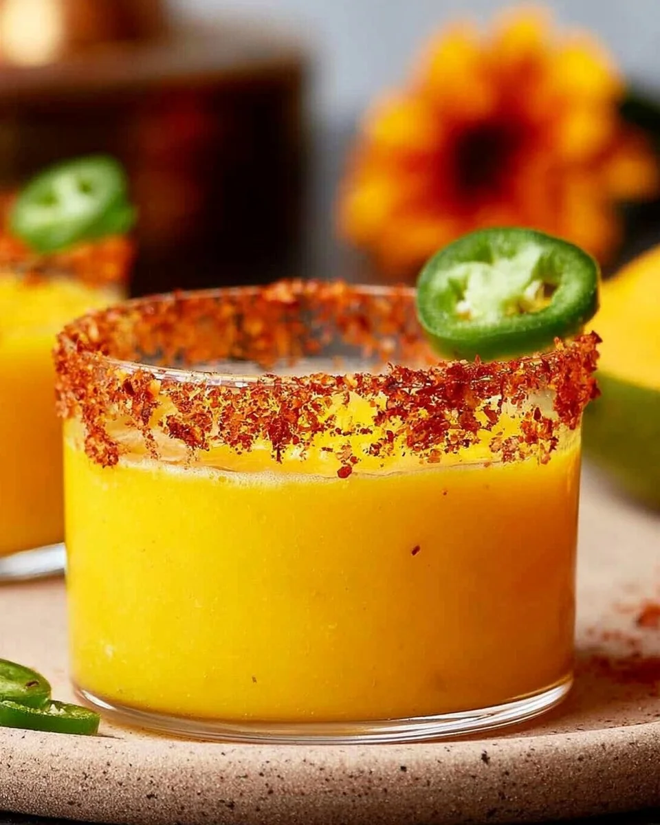 Delicious Spicy Mango Margarita served in a glass with lime and chili garnish