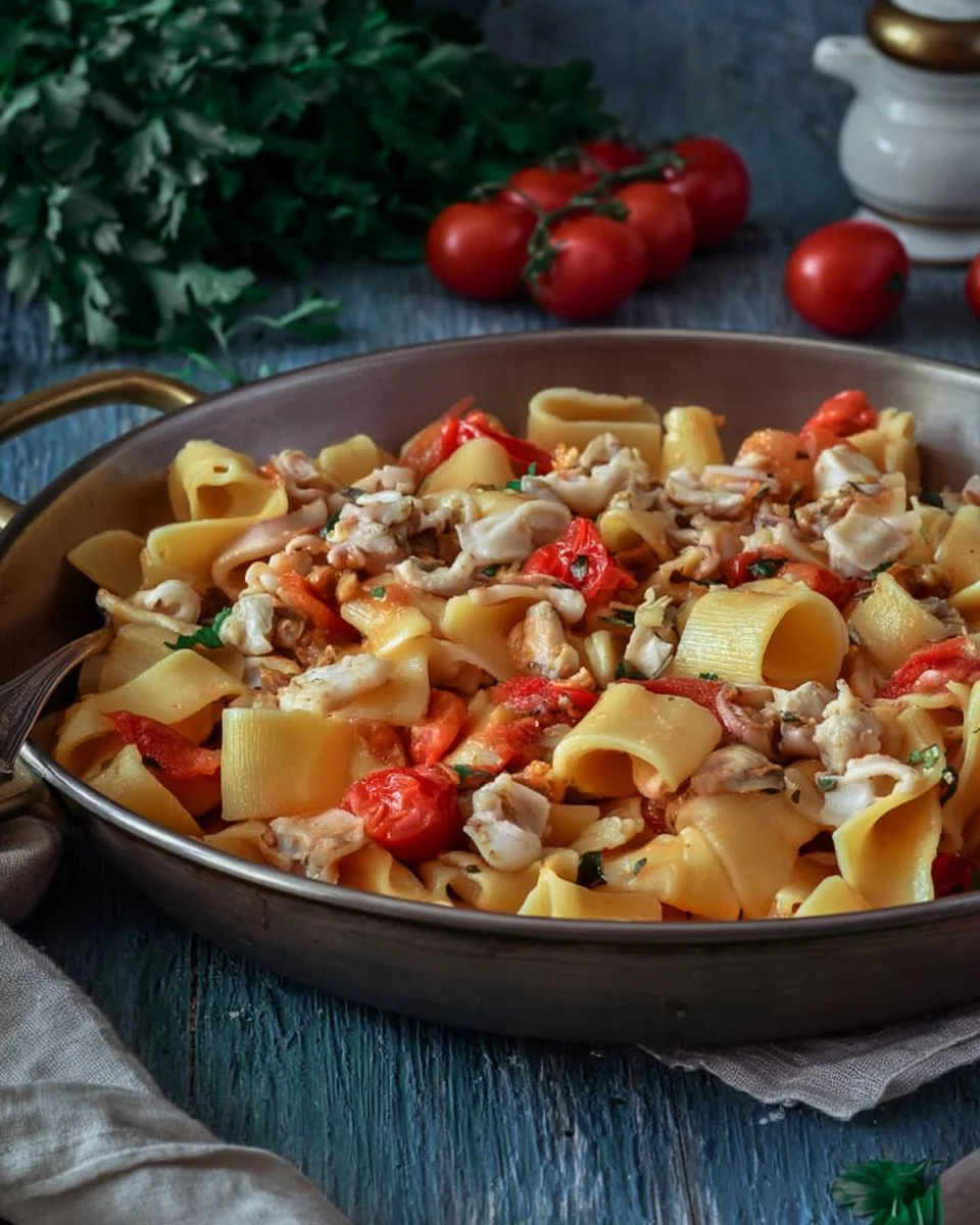 Delicious squid pasta served with rich tomato sauce on a plate.