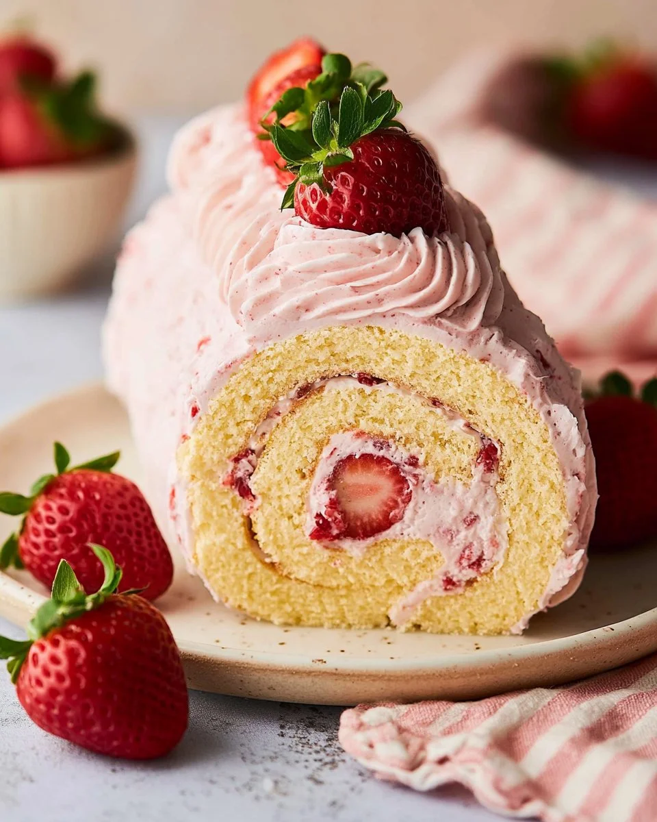 Delicious strawberry cake roll with fresh strawberries and cream filling