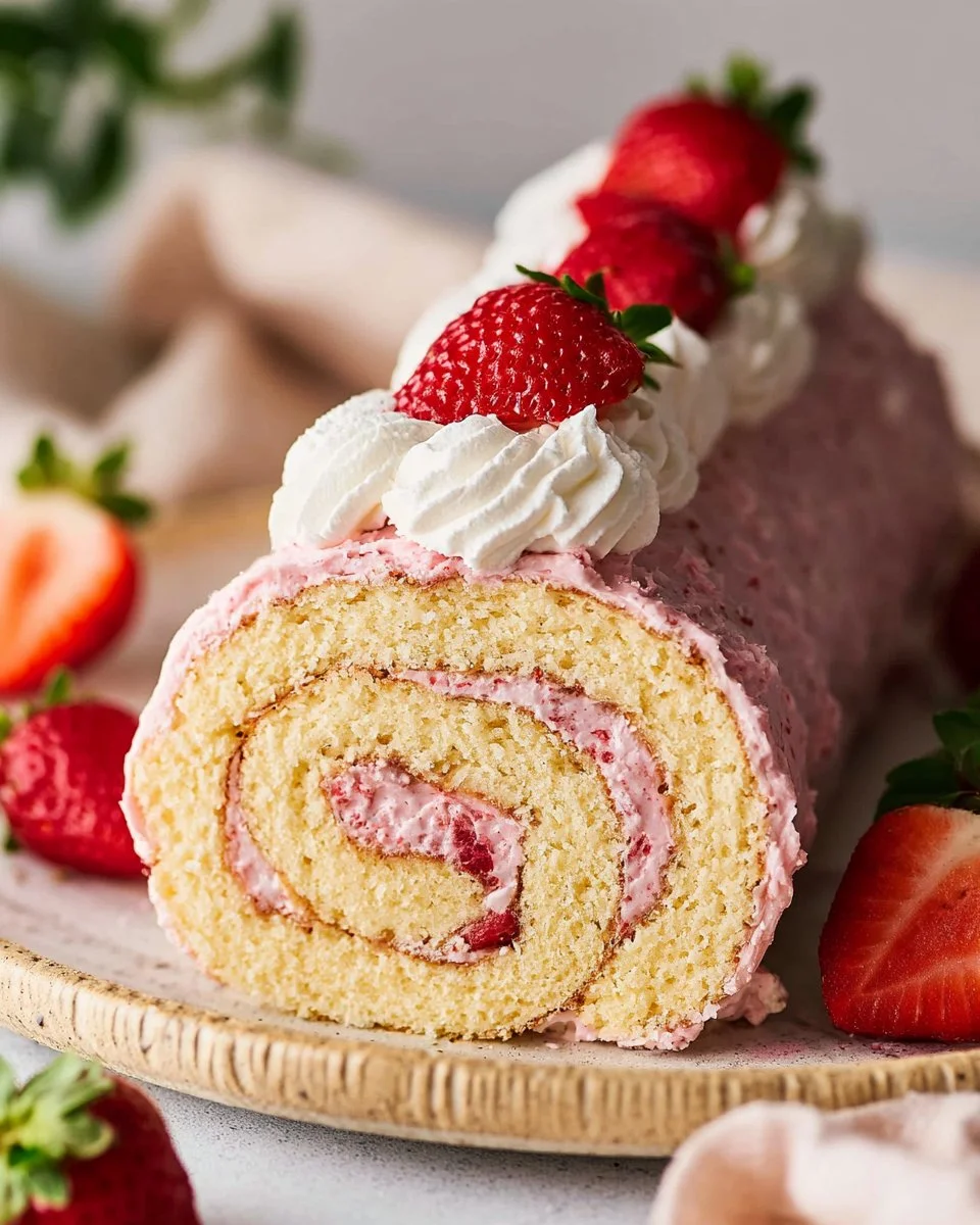 Delicious strawberry cake roll with fresh cream filling and vibrant strawberries