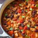 A bowl of healthy turkey chili topped with fresh herbs and served with whole grain bread