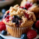 Delicious triple berry muffins with strawberries, blueberries, and raspberries