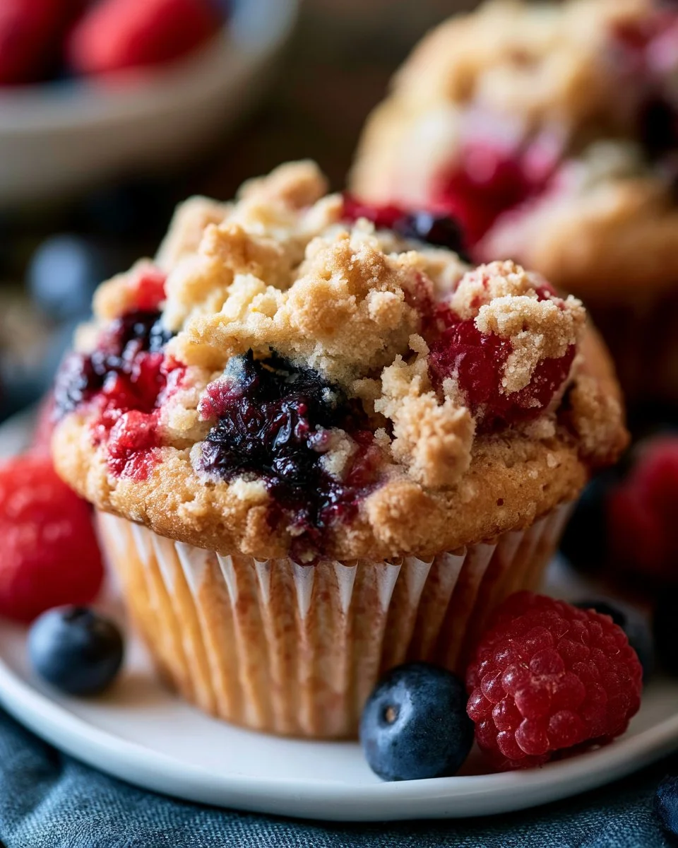 Delicious triple berry muffins with strawberries, blueberries, and raspberries