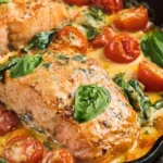 Delicious Tuscan Butter Salmon served with herbs and lemon