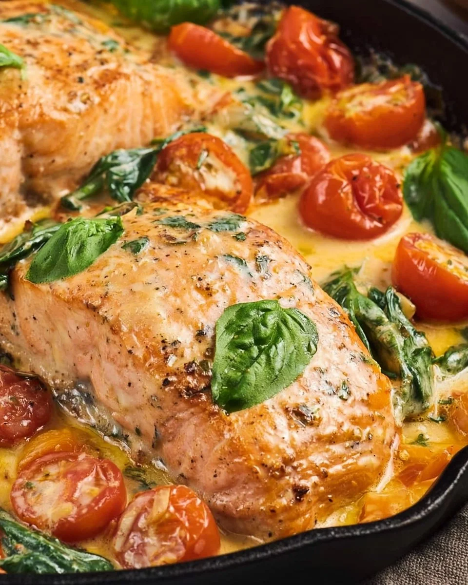 Delicious Tuscan Butter Salmon served with herbs and lemon