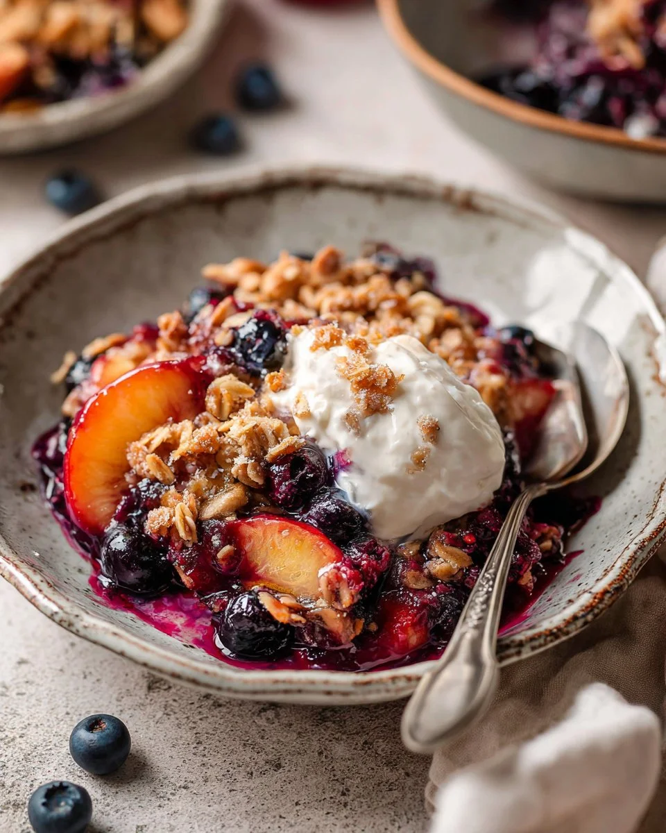 Vegan blueberry peach crisp topped with oats, served in a rustic dish