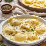Delicious Vegan Mushroom Ravioli served with fresh herbs