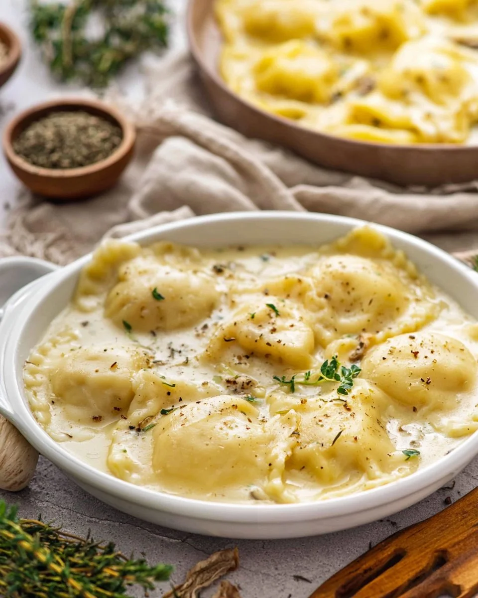 Delicious Vegan Mushroom Ravioli served with fresh herbs