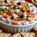 Delicious veggie pizza dip served in a bowl, garnished with fresh herbs.
