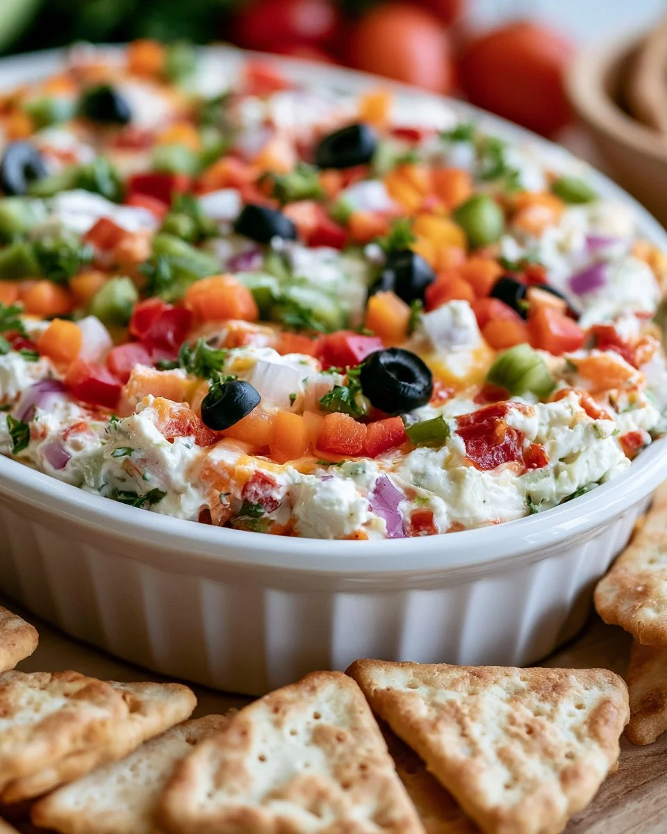 Delicious veggie pizza dip served in a bowl, garnished with fresh herbs.