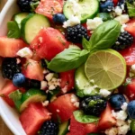 Refreshing Watermelon Blueberry Salad topped with Feta cheese