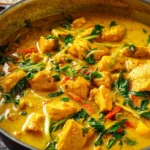 Delicious Yellow Thai Chicken Coconut Curry served with rice and fresh herbs.