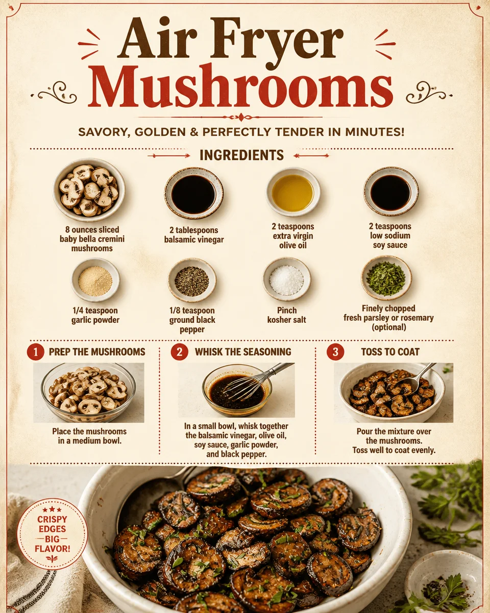 Crispy air fryer mushrooms served in a bowl with herbs and spices.