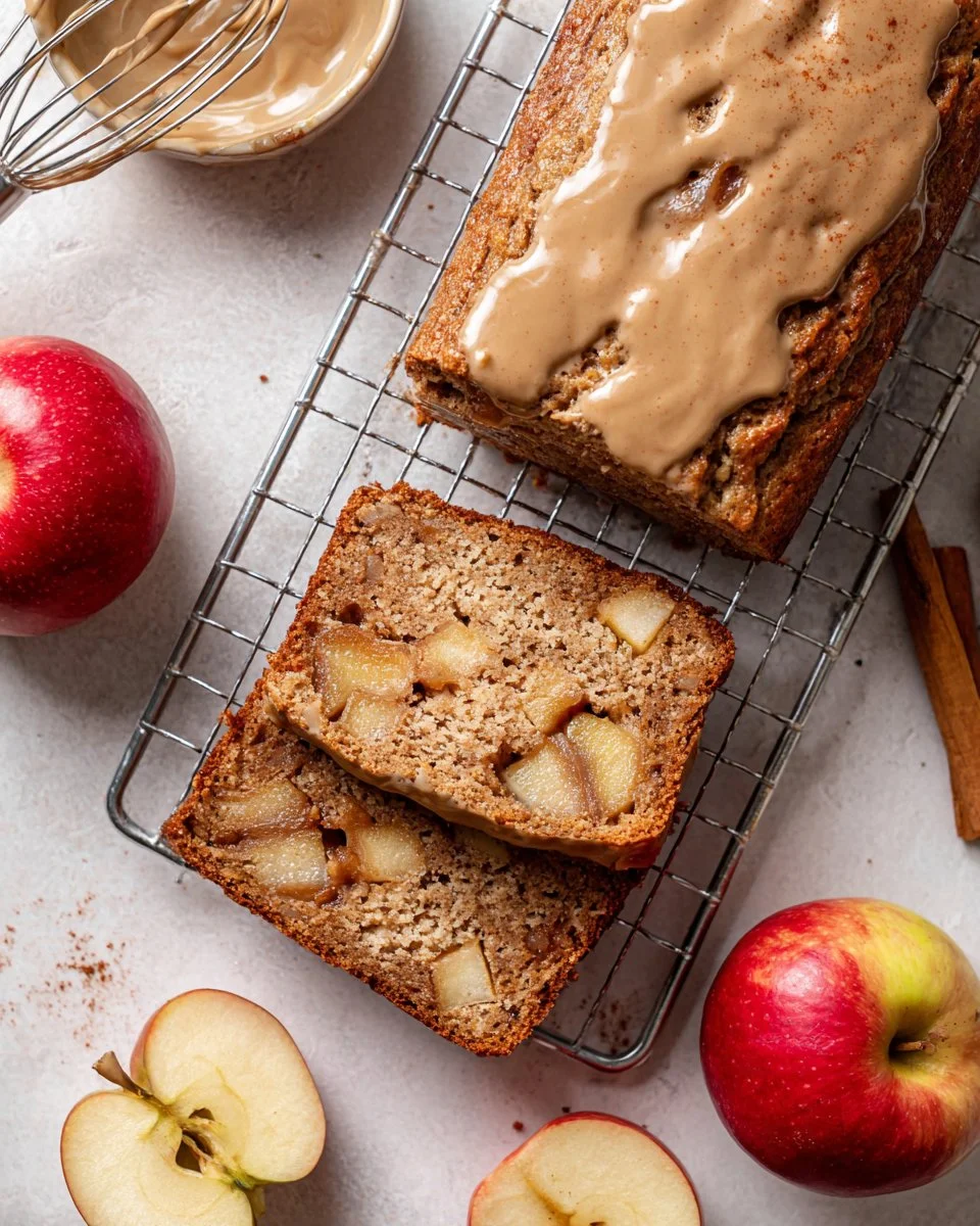 Freshly baked Apple Cake Loaf with slices on a wooden plate