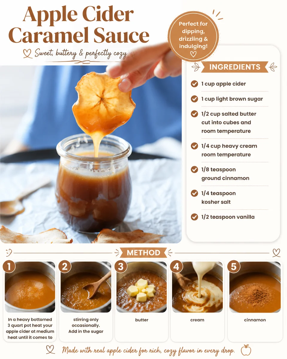 Homemade apple cider caramel sauce drizzled over desserts