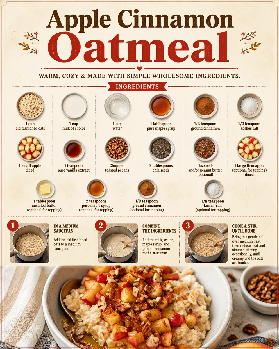 Bowl of apple cinnamon oatmeal topped with fresh apples and cinnamon