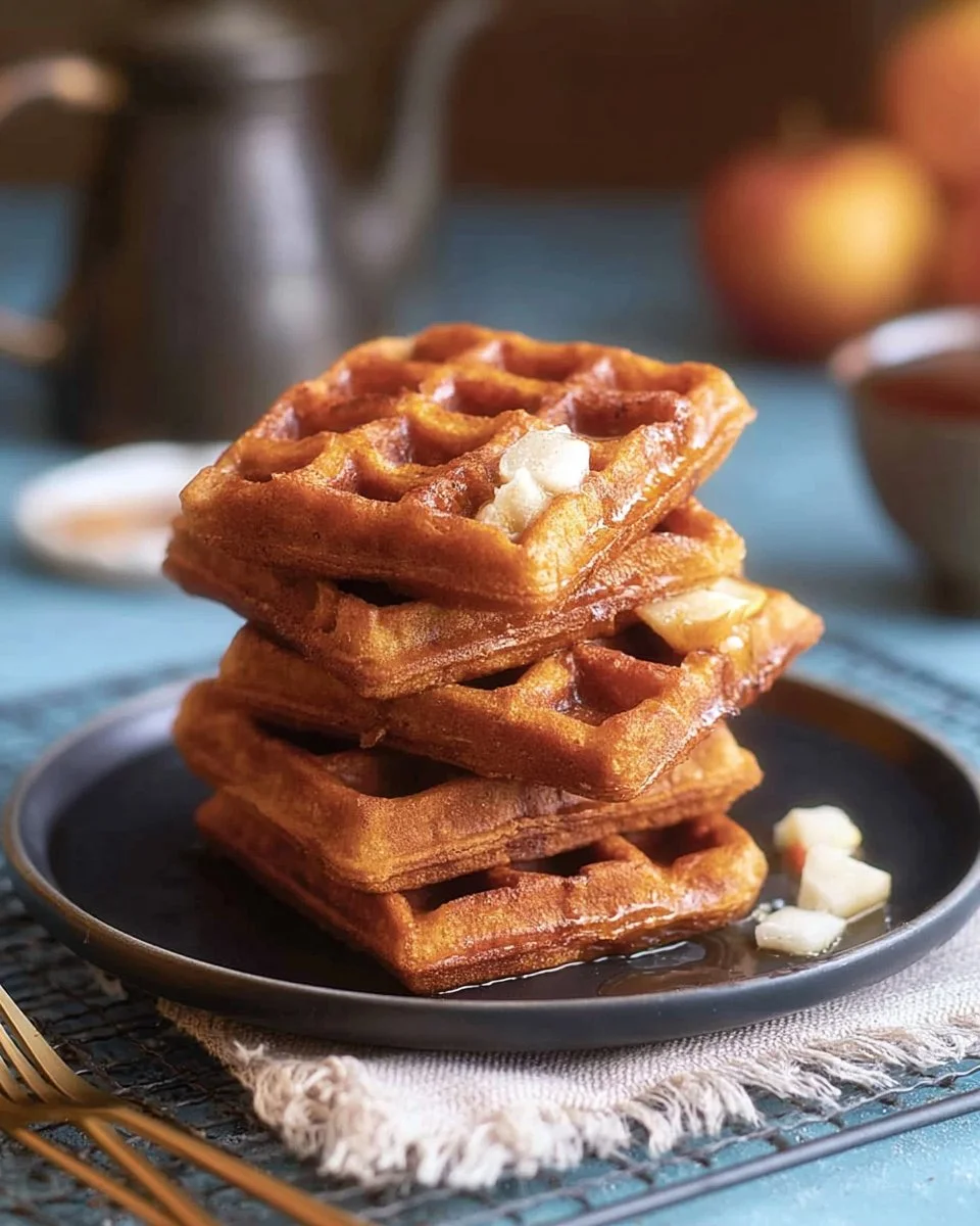 Delicious homemade Apple Waffles on a plate, topped with fresh apples and syrup.