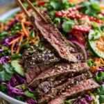 Delicious Asian Steak Salad with sliced steak and mixed greens