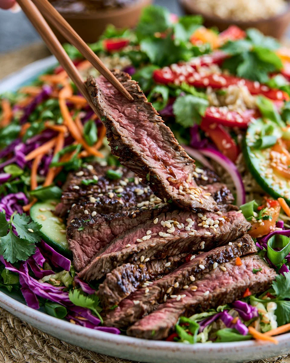 Delicious Asian Steak Salad with sliced steak and mixed greens