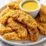 Baked chicken tenders served with dipping sauce on a plate