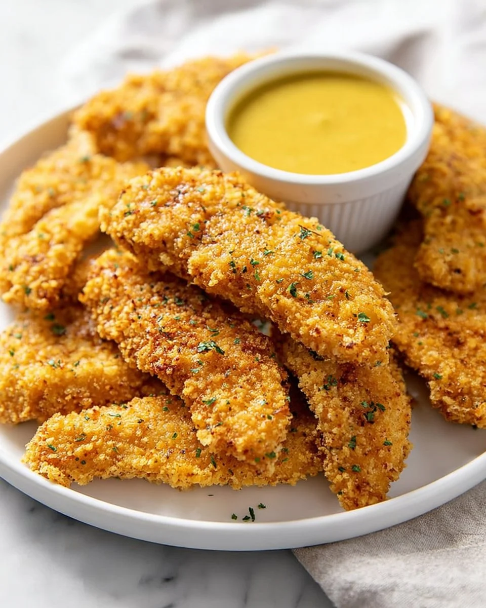 Baked chicken tenders served with dipping sauce on a plate