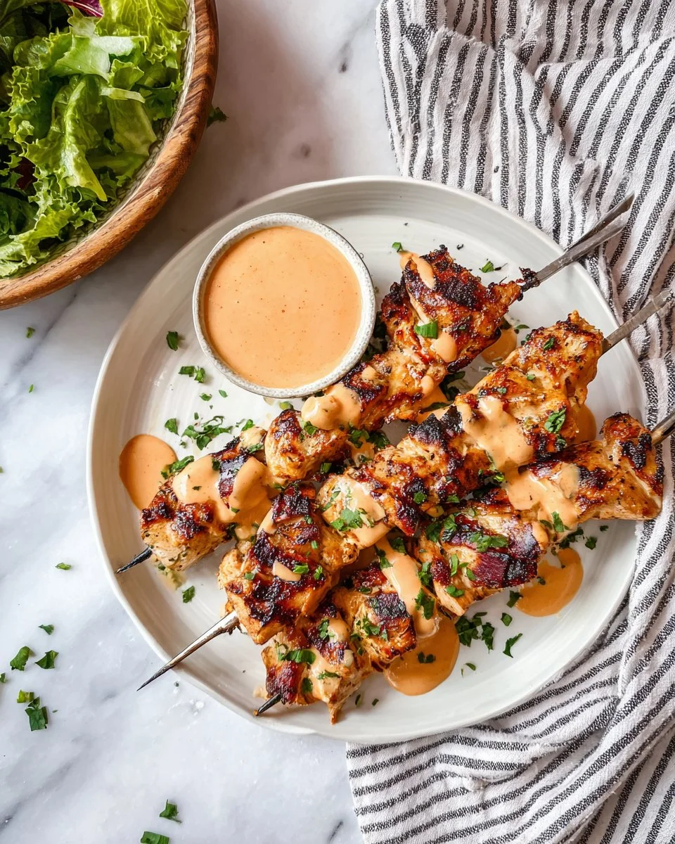 Delicious Bang Bang Chicken Skewers served on a plate with dipping sauce
