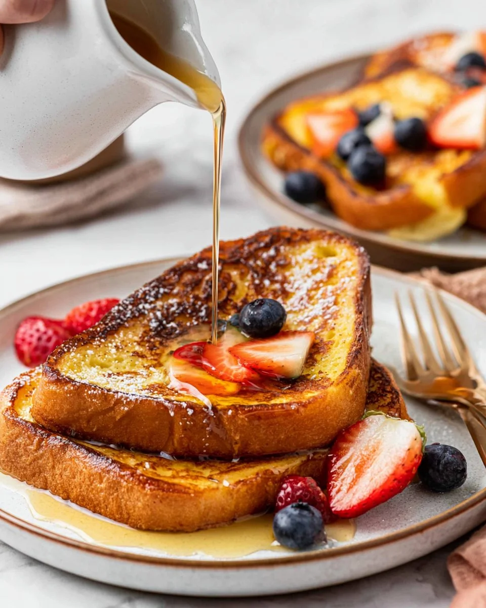 Delicious plate of basic French toast topped with syrup and berries
