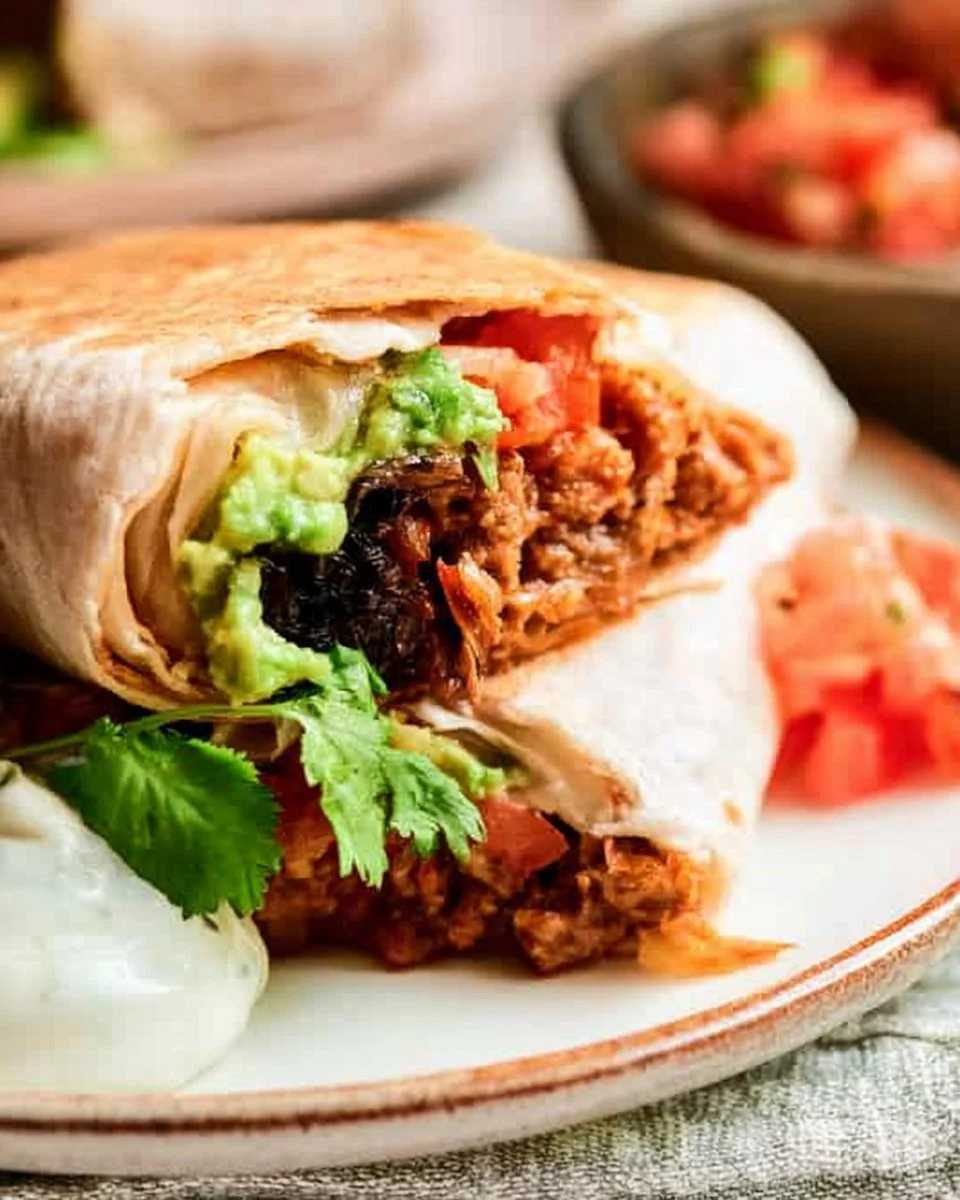 Homemade beef burrito filled with seasoned beef, beans, and toppings