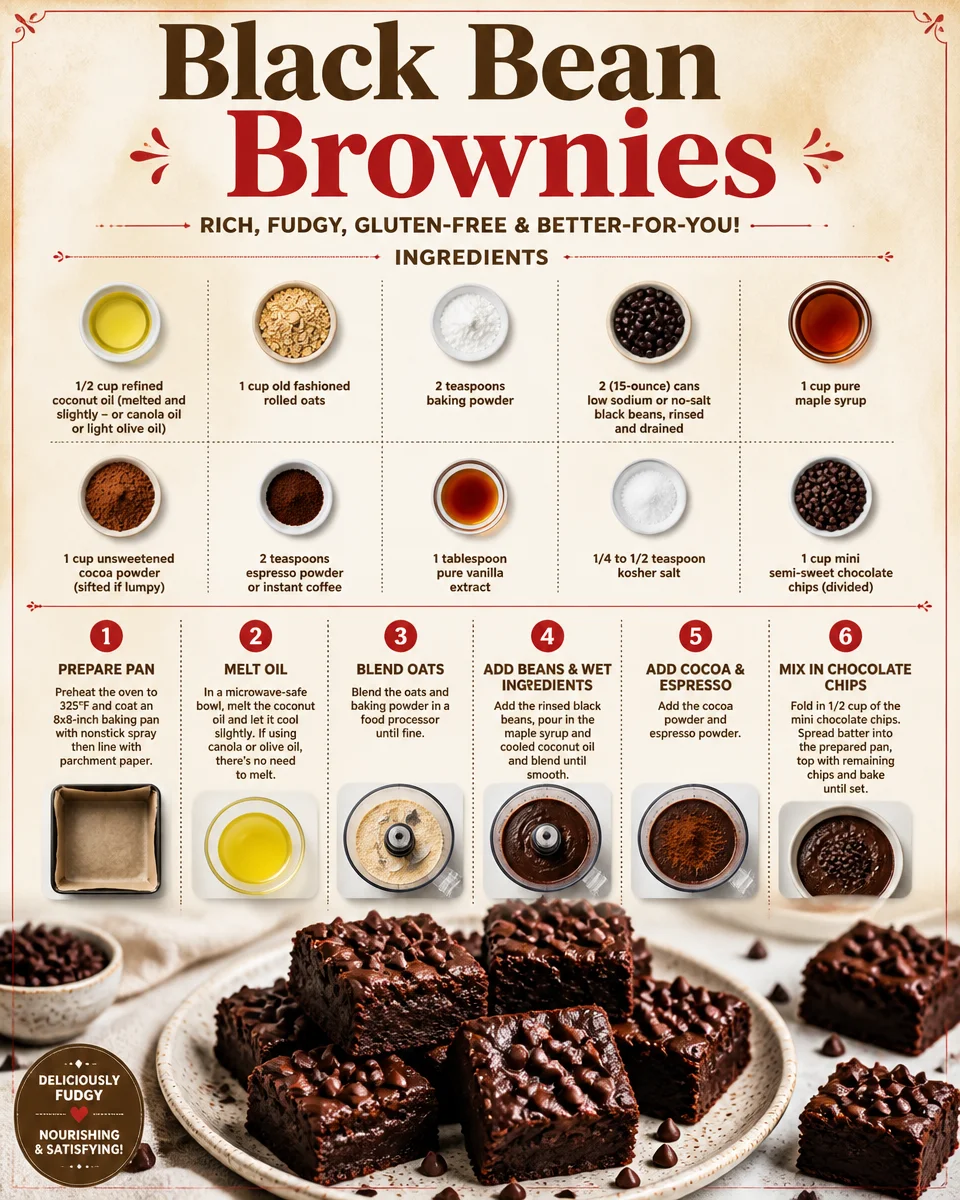 Delicious black bean brownies topped with chocolate chips on a wooden table