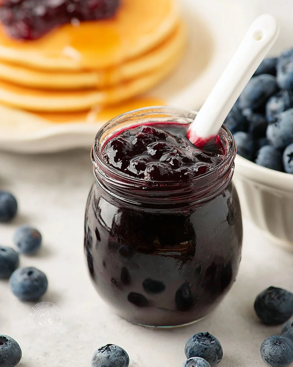 Fresh blueberry compote served in a bowl with a spoon.