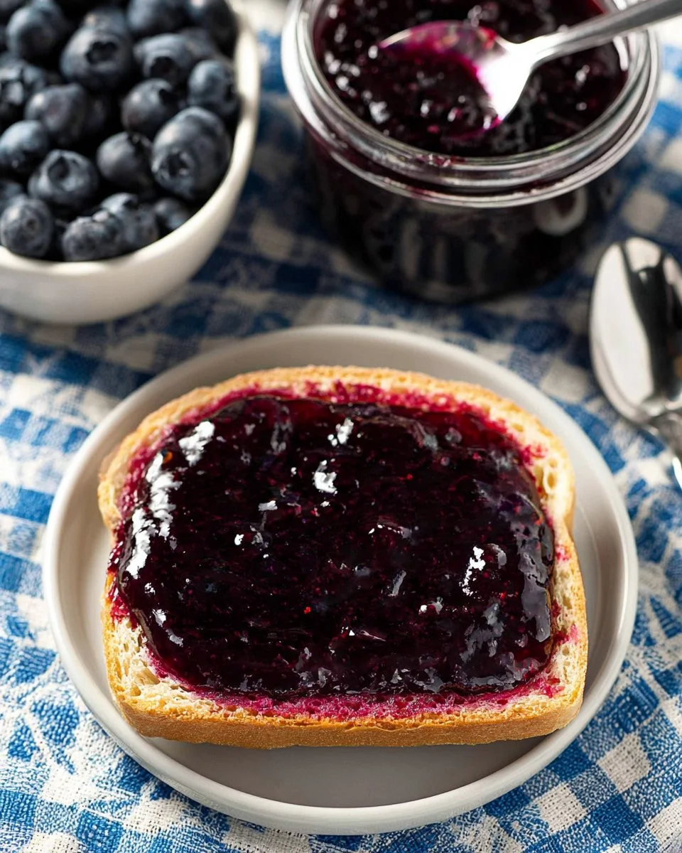 Homemade blueberry jam in a glass jar with blueberries and bread on the side
