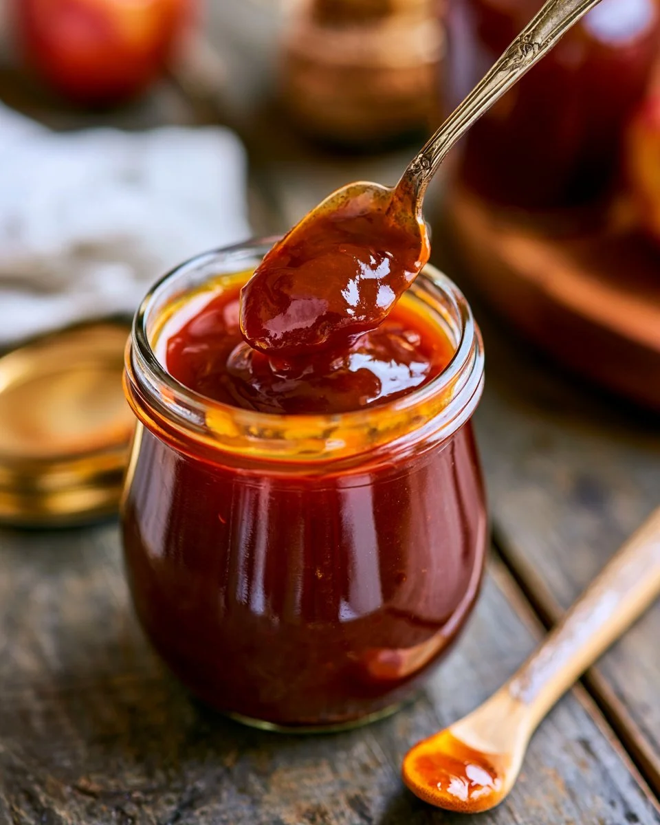 Bottle of homemade Bourbon BBQ Sauce with a rustic background