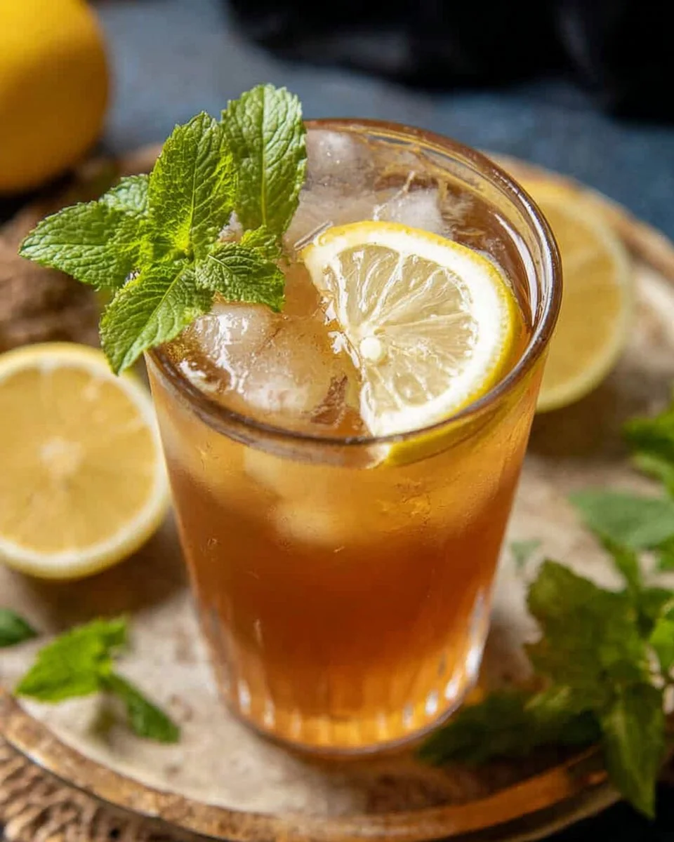 A refreshing glass of brown sugar lemonade served with lemon slices and ice.