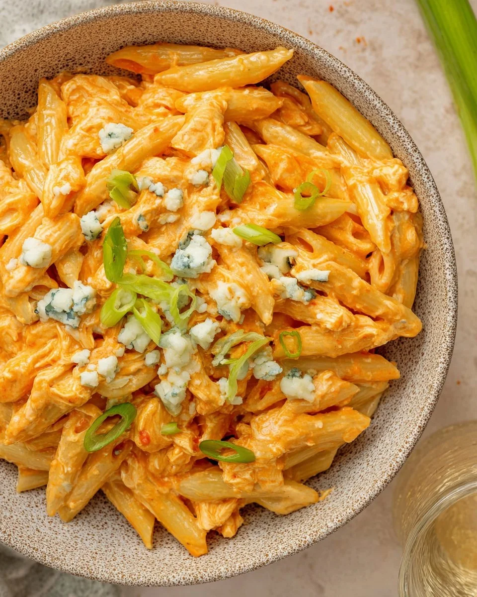 Delicious bowl of Buffalo Chicken Alfredo topped with parsley and cheese