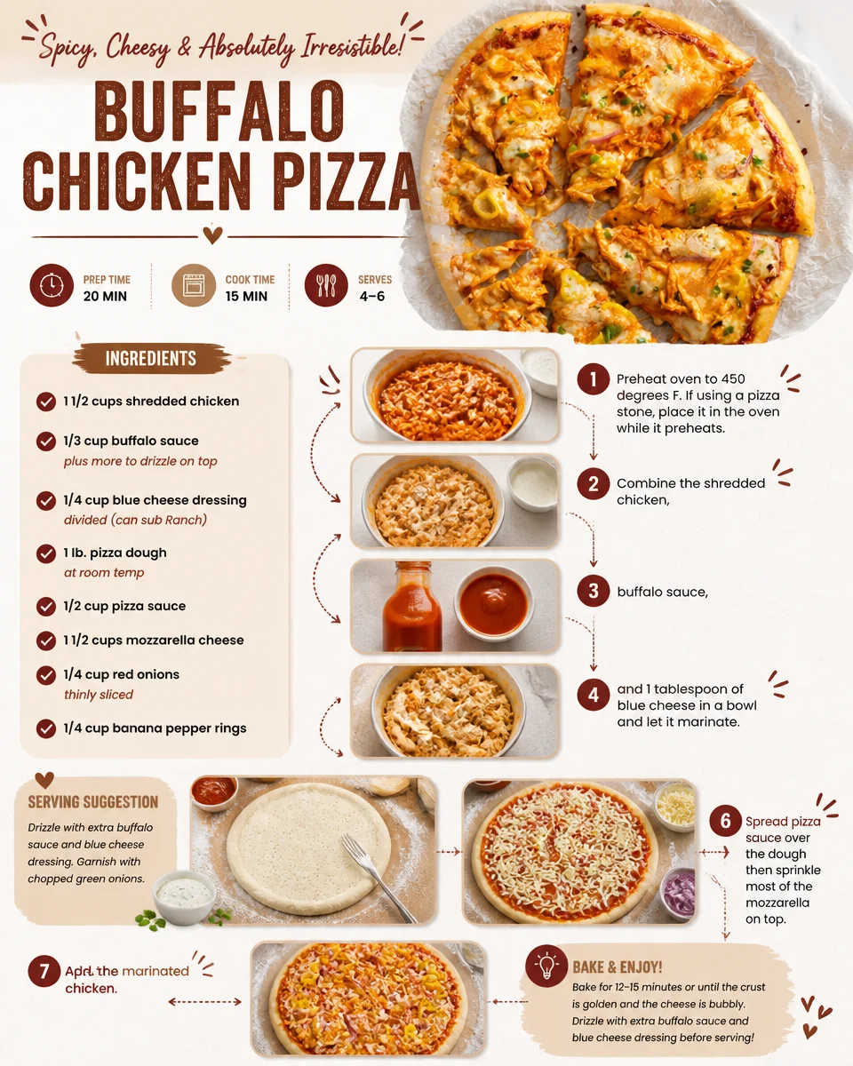 Delicious homemade Buffalo Chicken Pizza topped with spicy chicken and cheese