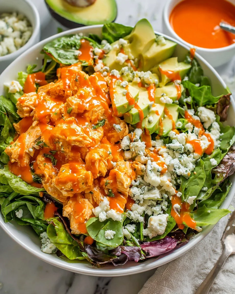 Buffalo Chicken Salad with spicy chicken, fresh greens, and dressing