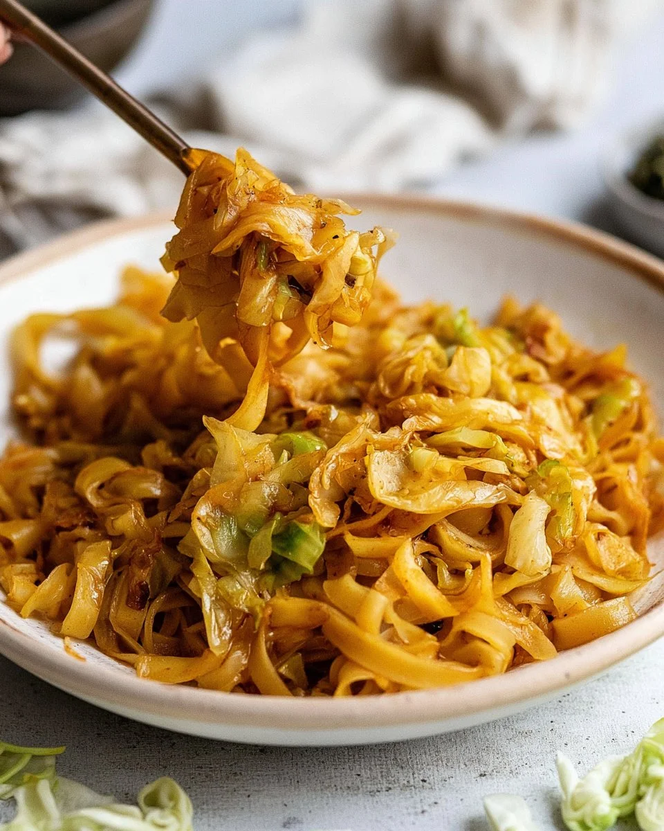 Delicious cabbage and noodles dish served in a bowl
