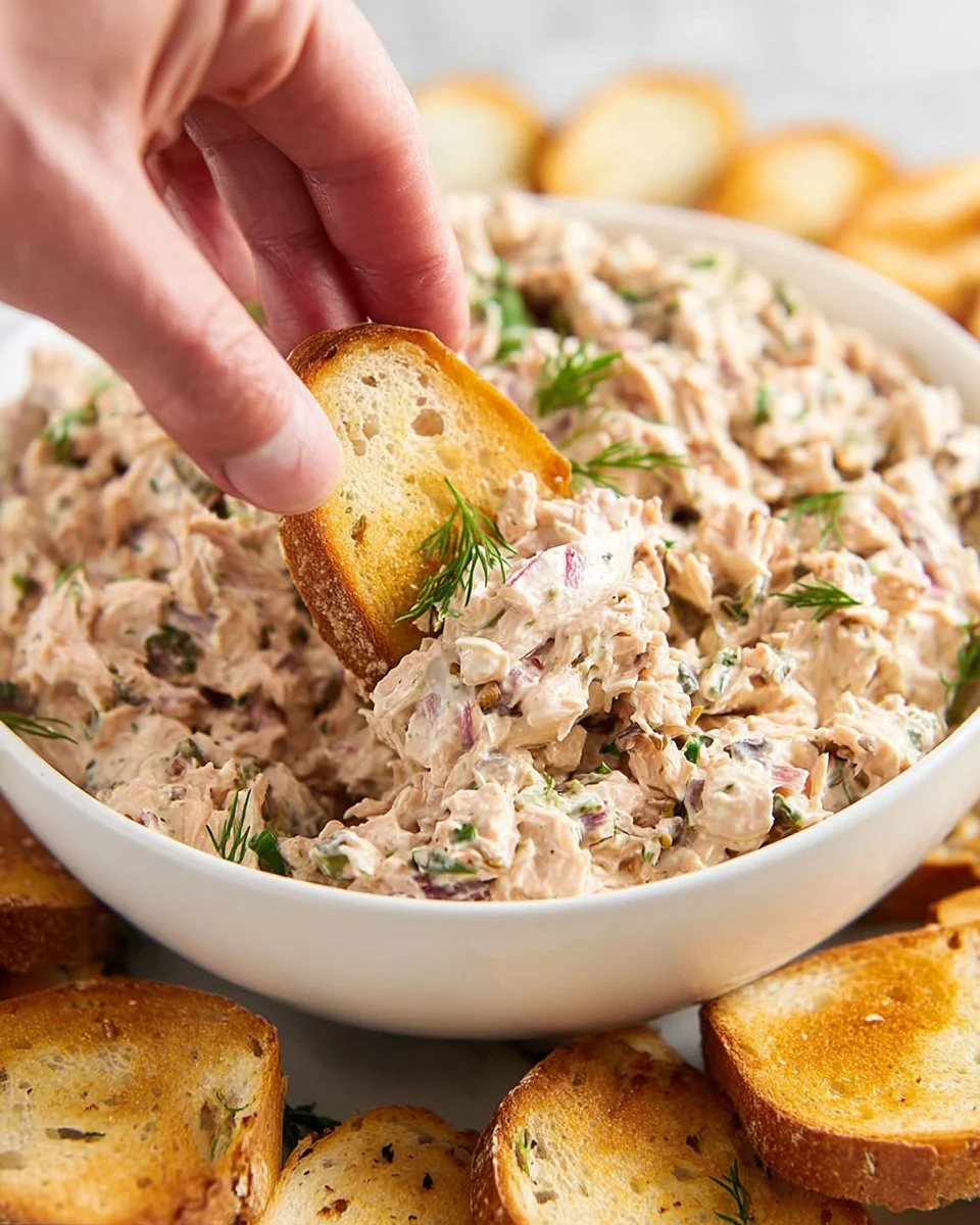 Canned salmon salad served in a bowl with fresh vegetables and herbs