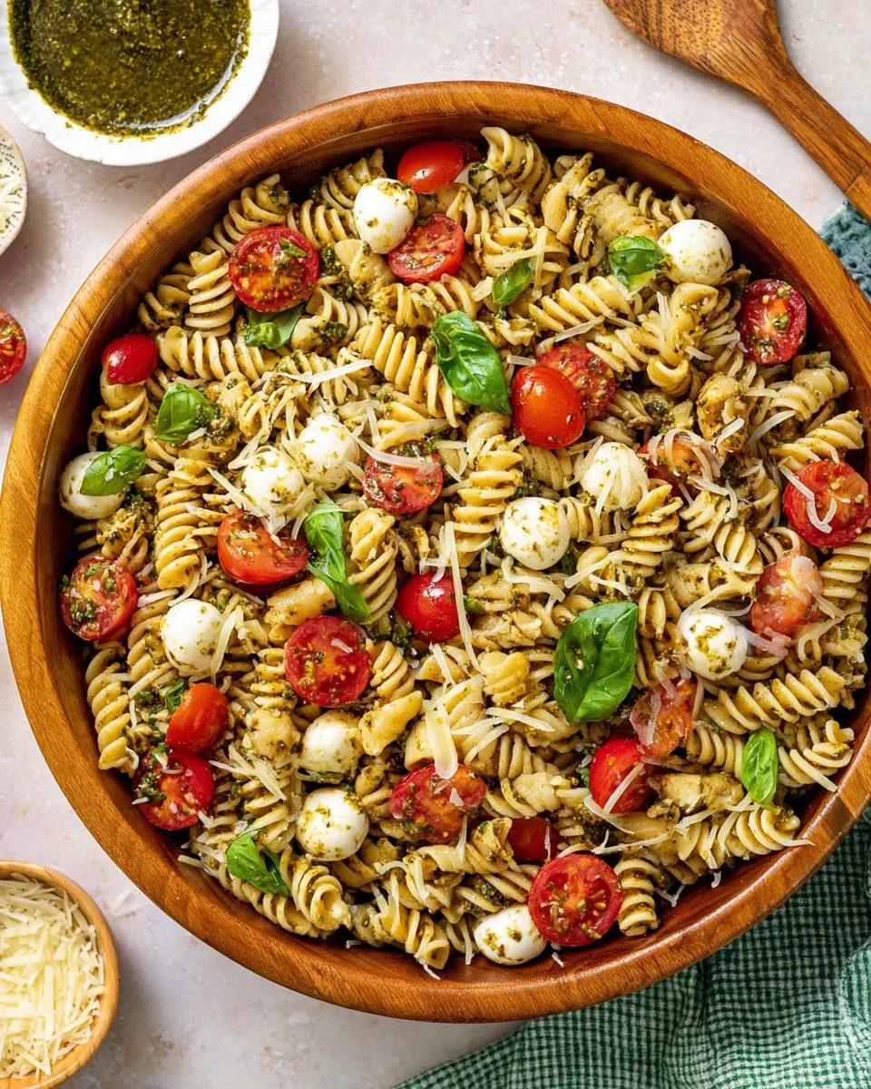 A vibrant bowl of Caprese Pesto Pasta Salad with tomatoes, mozzarella, and basil.