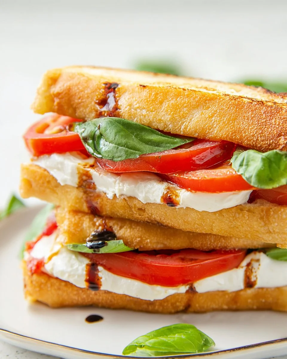 Toasted Caprese sandwich with fresh basil, mozzarella, and tomatoes