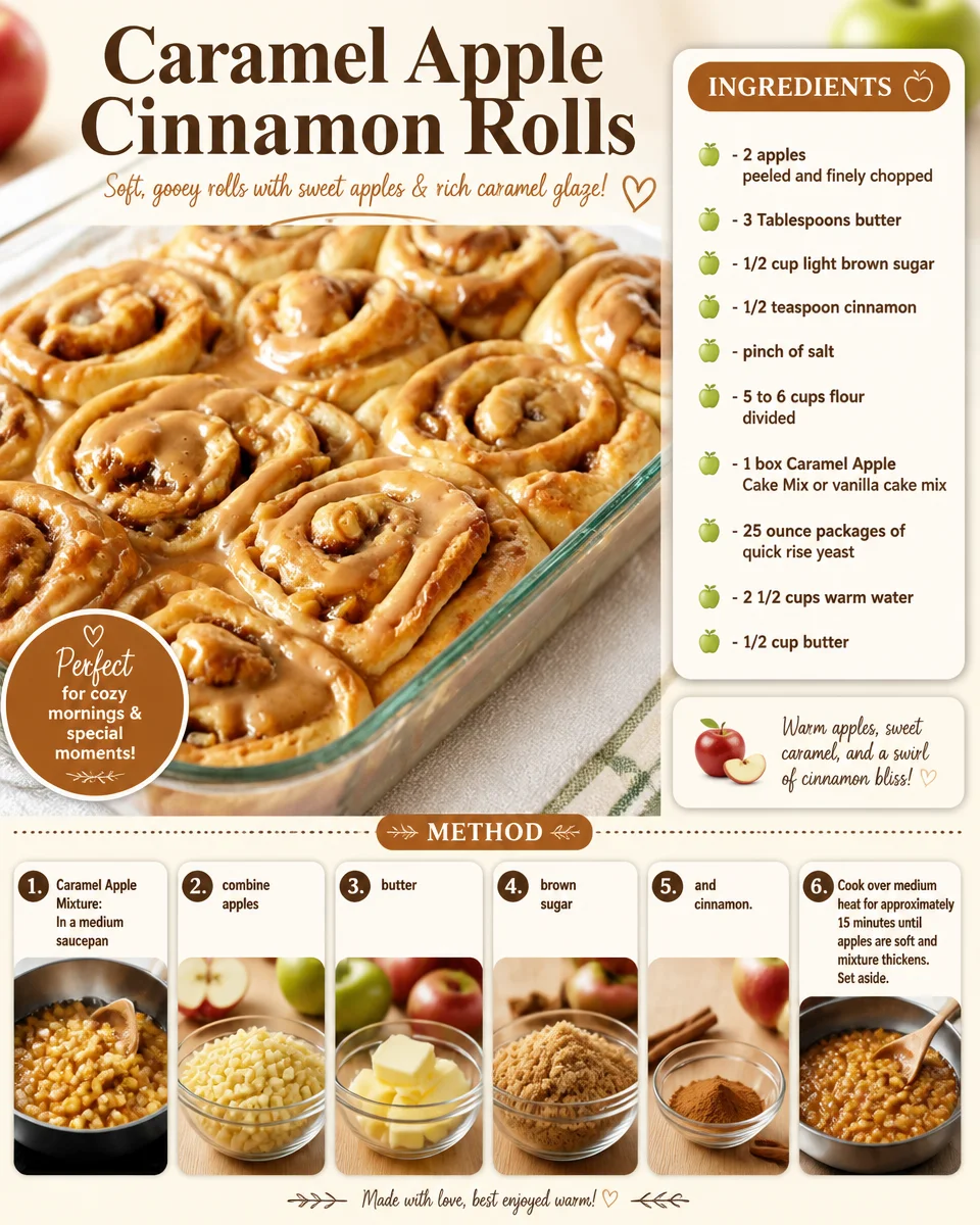 Freshly baked Caramel Apple Cinnamon Rolls with gooey caramel and apples