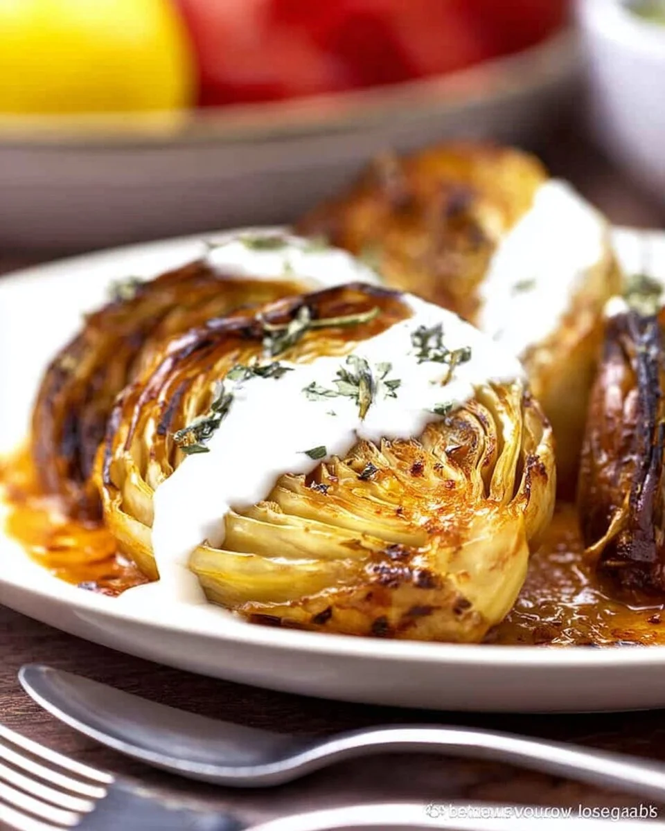 Delicious caramelized cabbage dish served on a plate, garnished with herbs.