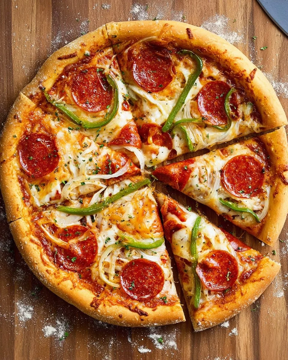 Homemade cast iron skillet pizza with toppings