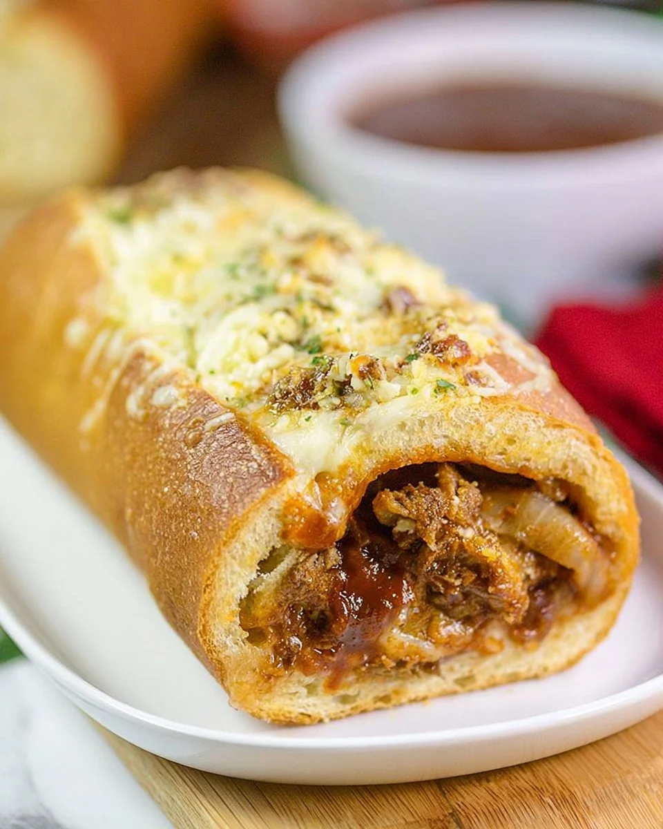 Cheesy BBQ steak stuffed garlic bread with melted cheese and herbs
